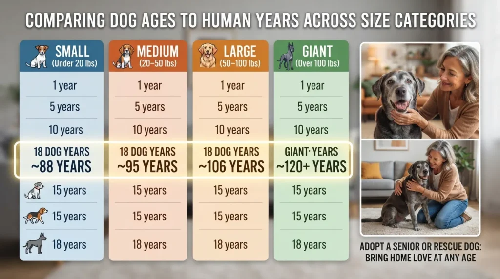 Comprehensive comparison chart converting 18 dog years to human years across small, medium, large, and giant dog breeds.