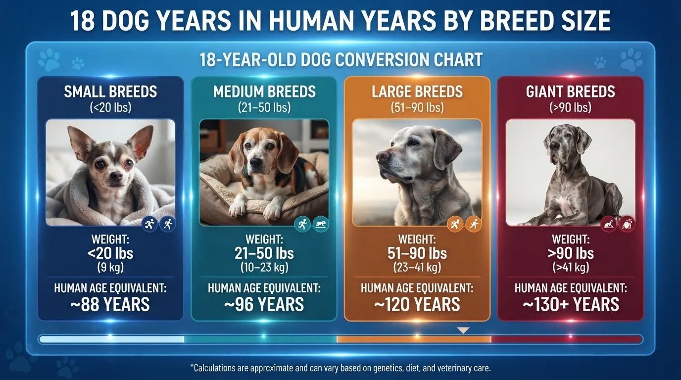 Dog years to human years conversion chart showing how 18 dog years equals 88 human years for small breeds, 96 for medium breeds, 120 for large breeds, and 130+ for giant breeds, alongside a historical picture of a Shar Pei.