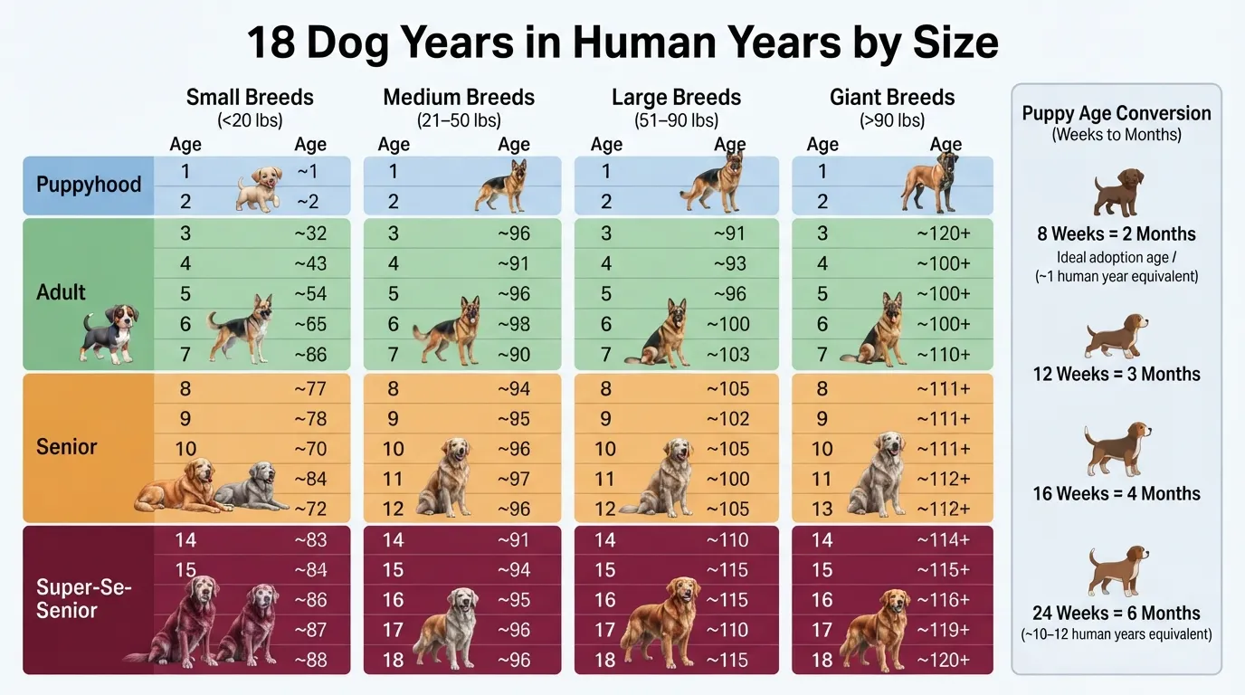 Comprehensive chart showing 18 dog years converted to human years categorized by small, medium, large, and giant dog sizes alongside a puppy age conversion timeline.