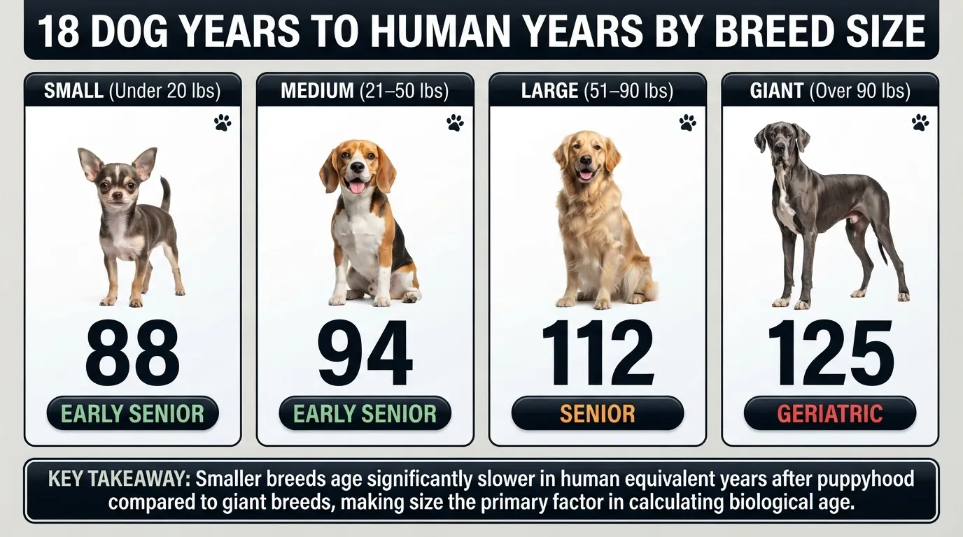 Infographic chart comparing 18 dog years to human years across small, medium, large, and giant breed sizes, illustrating how canine aging rates vary by body weight.