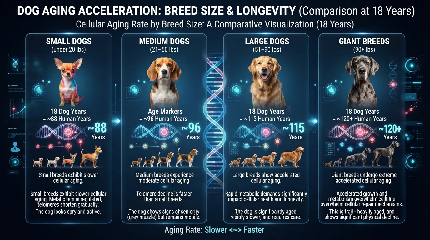 Infographic chart showing how 18 dog years translates to human years across small, medium, large, and giant dog breeds.