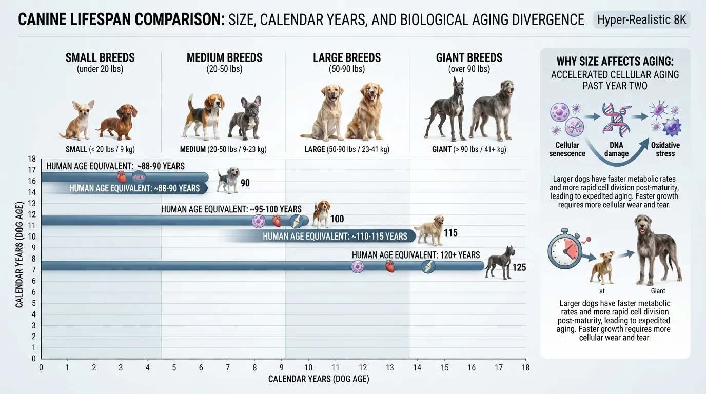 Infographic comparing 18 dog years to human years for small, medium, large, and giant dog breeds.