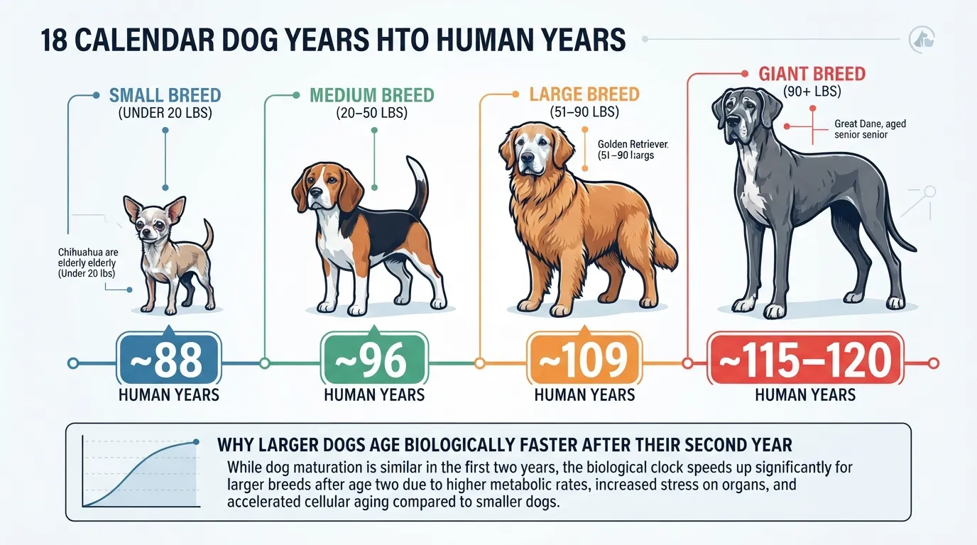Comparison chart showing 18 dog years converted to human years across small, medium, large, and giant dog breed sizes