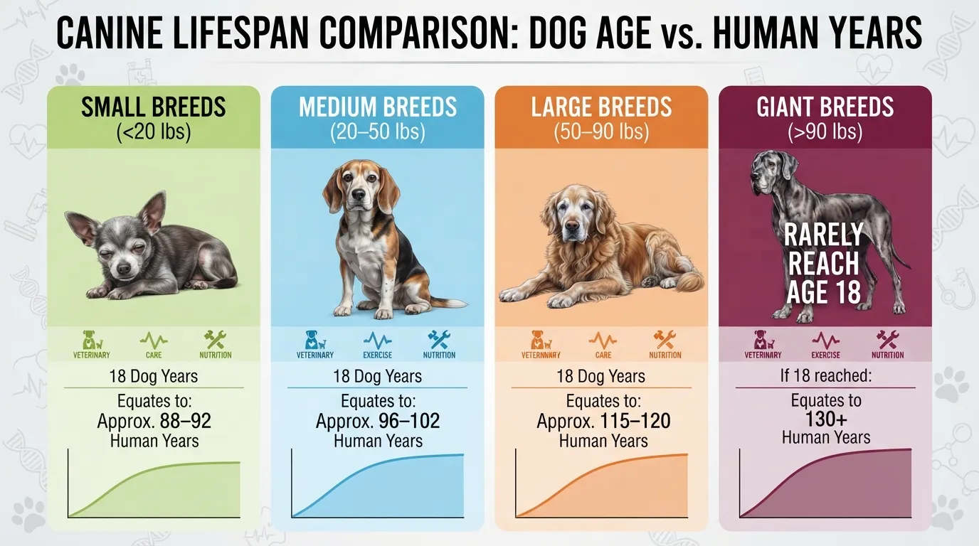Infographic chart comparing 18 dog years to human years across small, medium, large, and giant dog breed sizes.