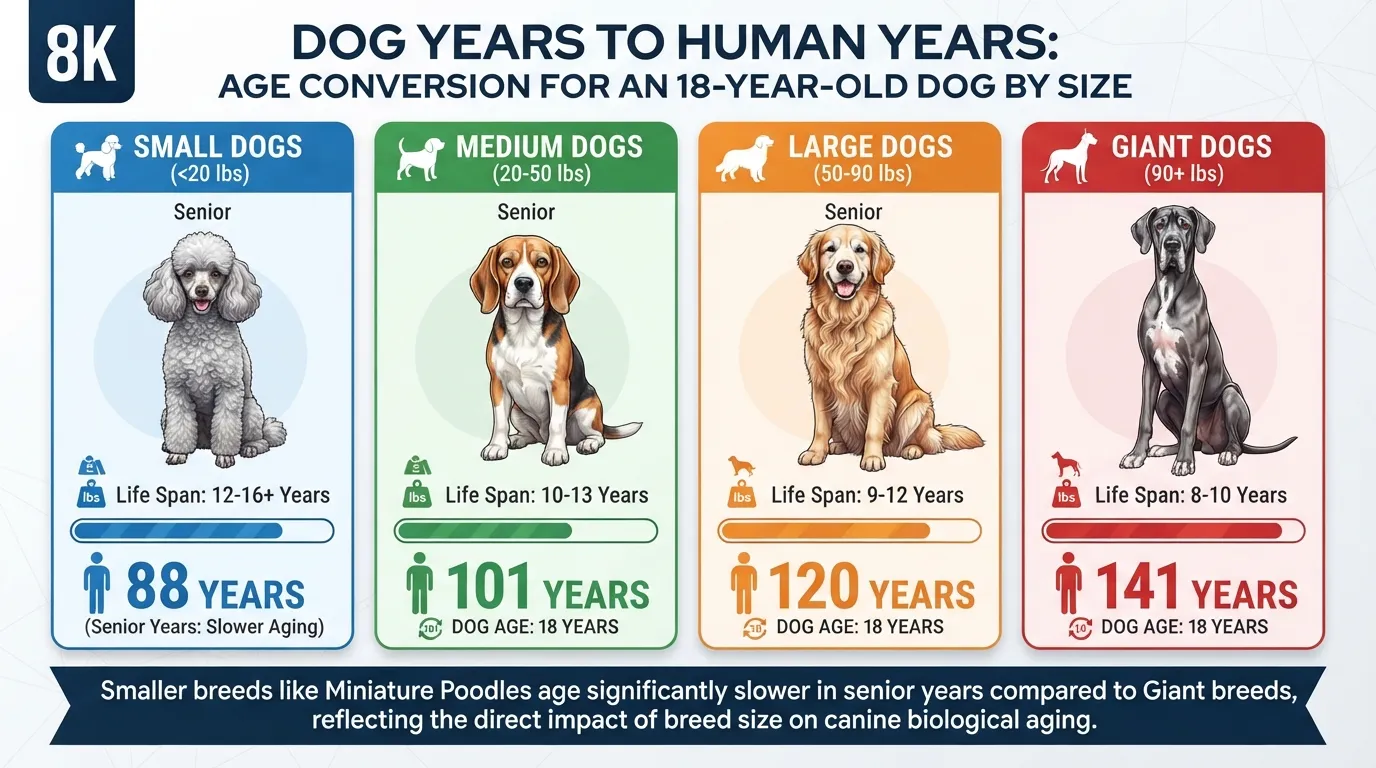 Infographic chart comparing 18 dog years to human years across small, medium, large, and giant dog breed sizes.