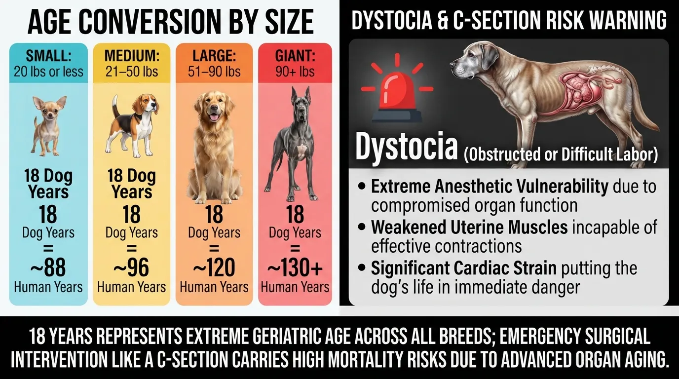 Chart comparing 18 dog years in human years for small, medium, large, and giant breeds, highlighting extreme senior age risk factors like dystocia and high-risk C-sections.