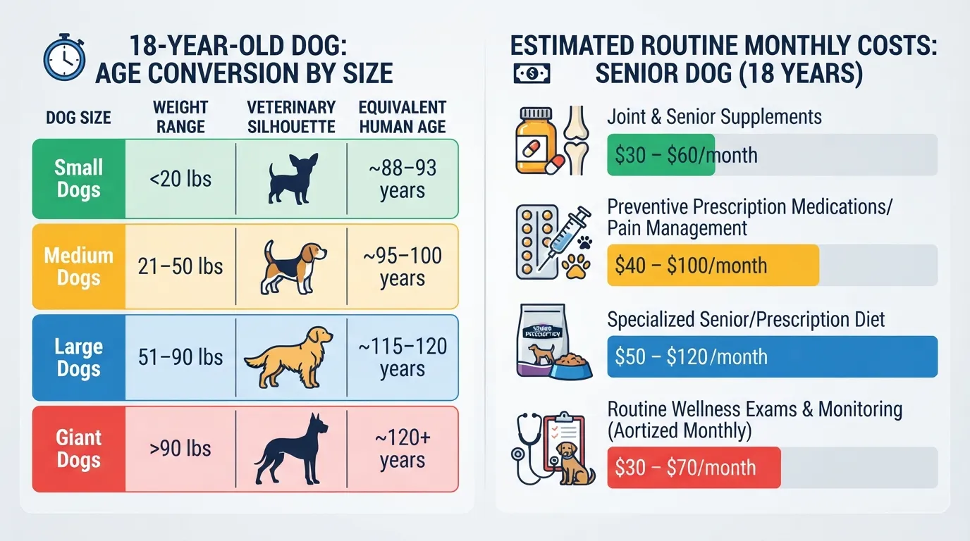 Comprehensive chart showing 18 dog years in human years categorized by small, medium, large, and giant dog breeds, alongside routine monthly preventive care costs.