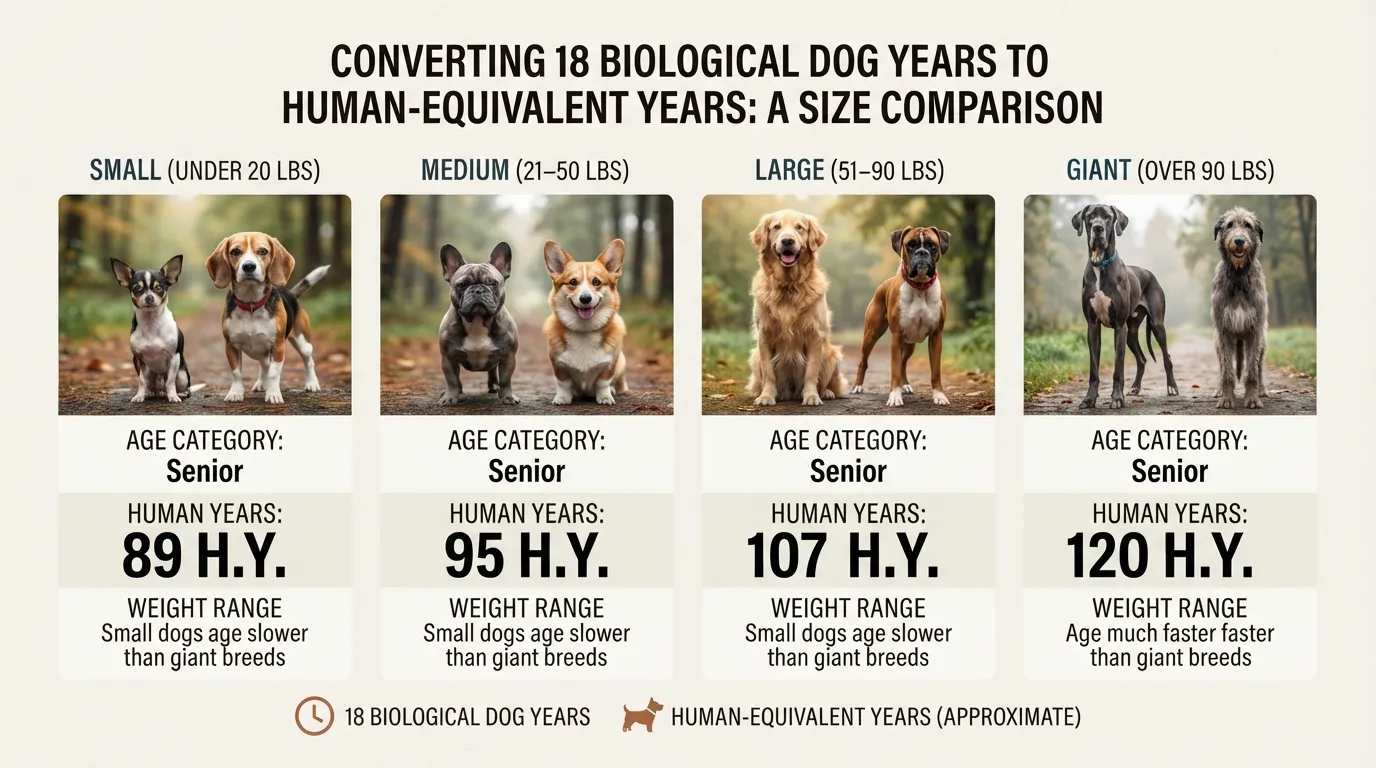 A dog age chart comparing 18 dog years to human years across small, medium, large, and giant dog breed categories.