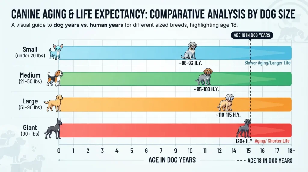 Comparative chart displaying how 18 dog years convert to human years for small, medium, large, and giant dog breeds.