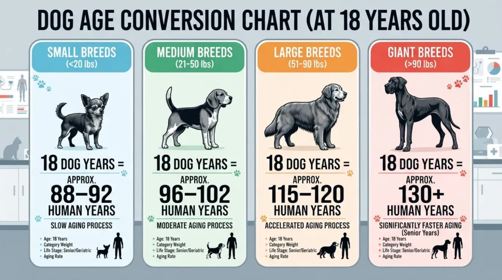 Comparison chart showing how 18 dog years convert to human years for small, medium, large, and giant dog breeds.