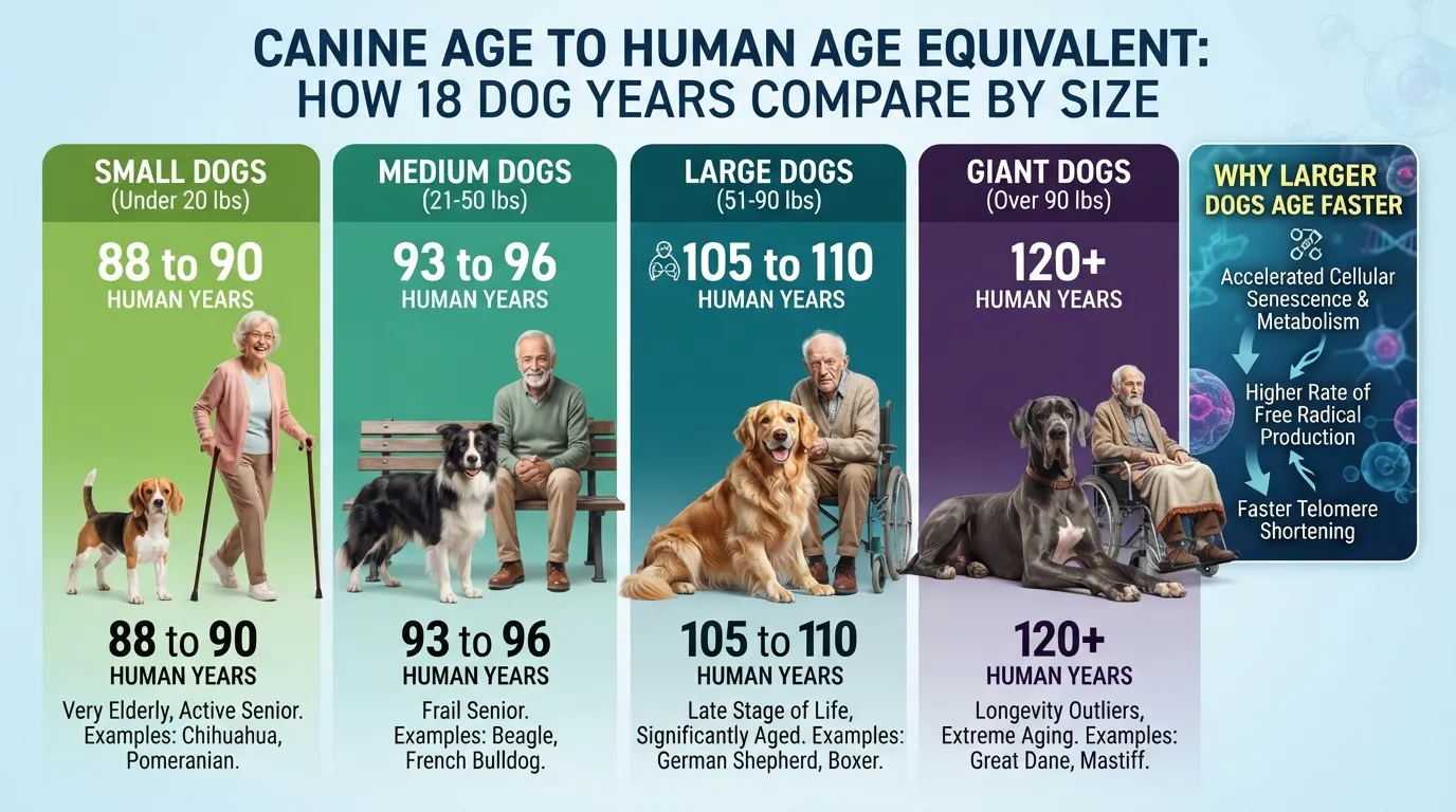 Comparison chart showing how 18 dog years translate to human years across small, medium, large, and giant dog breeds.