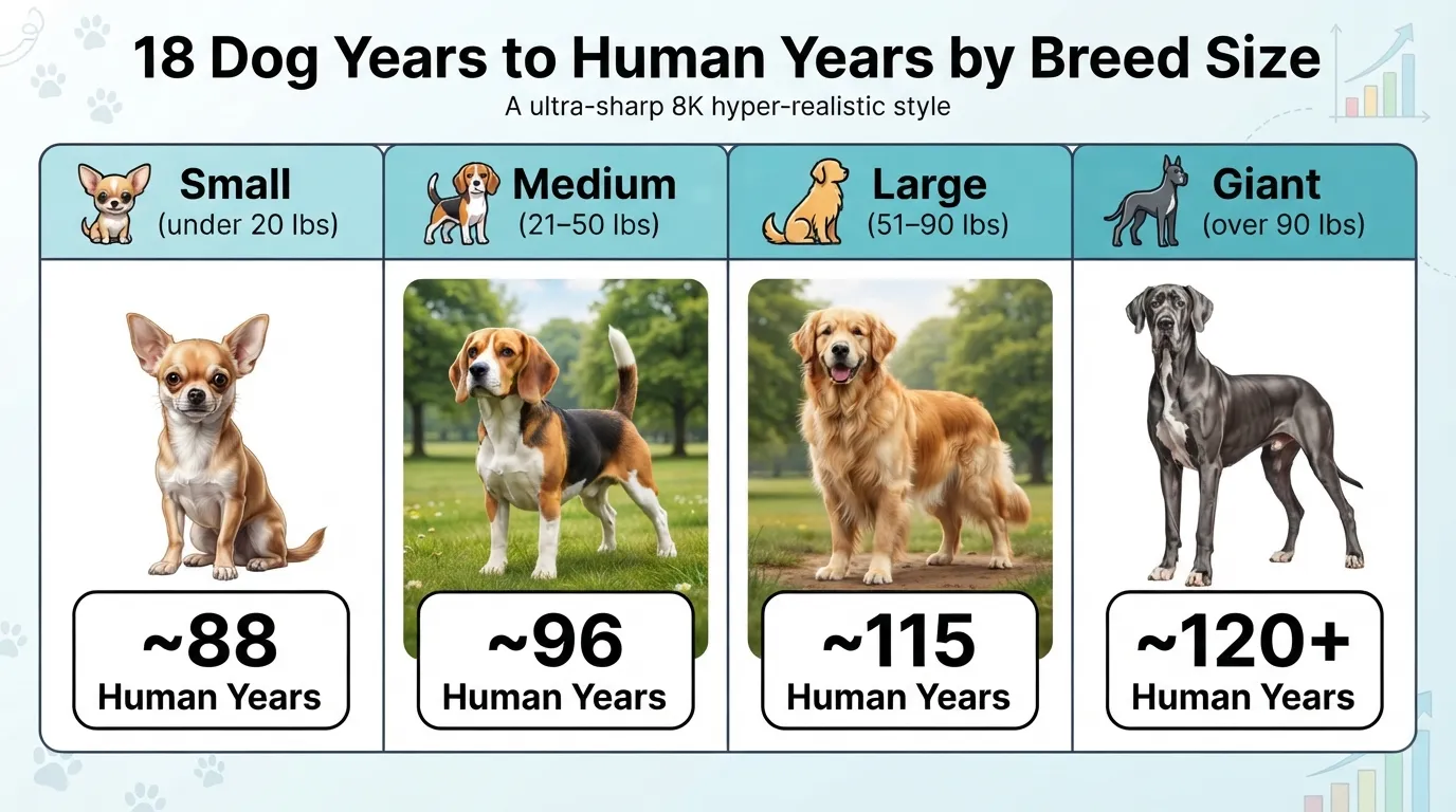 Comparison chart showing how 18 dog years translate to human years for small, medium, large, and giant dog breeds.