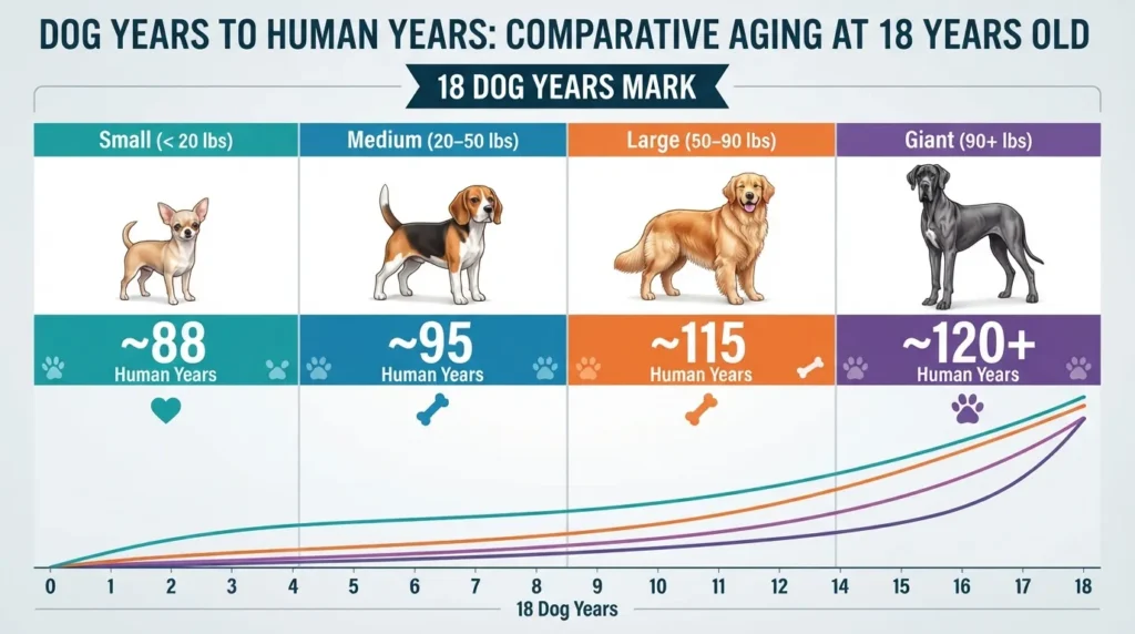 Comparison chart showing how 18 dog years convert to human years across small, medium, large, and giant dog breeds.