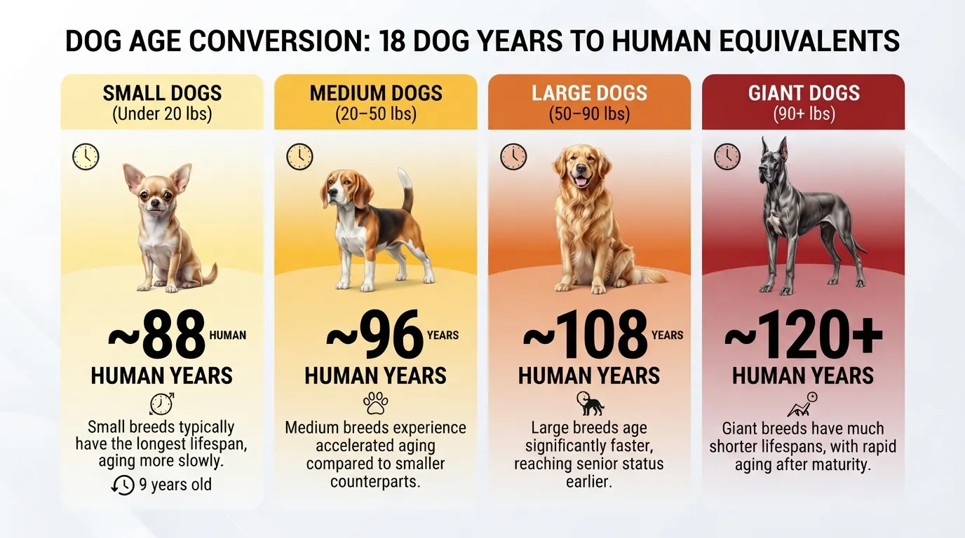 Comparison chart showing how 18 dog years convert to human years for small, medium, large, and giant dog breeds.