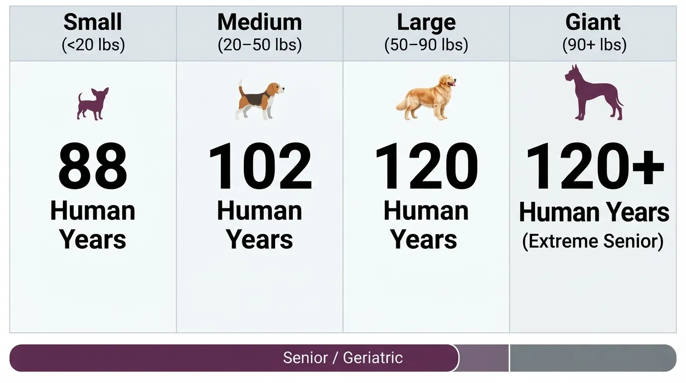 Comparative age chart showing how 18 dog years equals 88 human years for small dogs, 102 for medium, and 120+ for large and giant breeds.