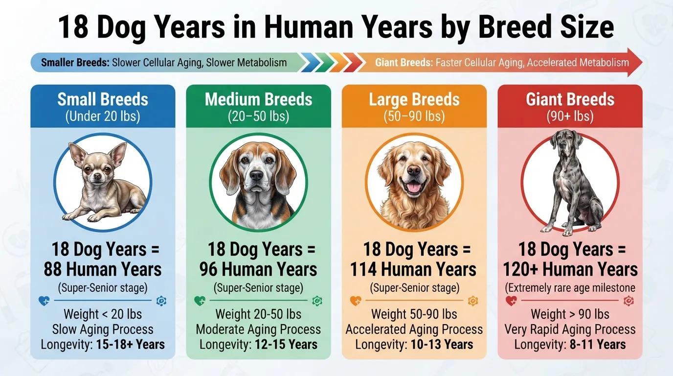 Comparison chart showing how 18 dog years translates to human years across small, medium, large, and giant dog breeds.