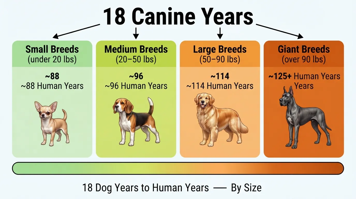 Comparison chart showing how 18 dog years translates to human years across small, medium, large, and giant dog breeds.