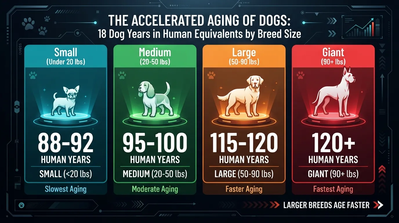 Comparison chart showing how 18 dog years translate to human years across small, medium, large, and giant dog breeds.