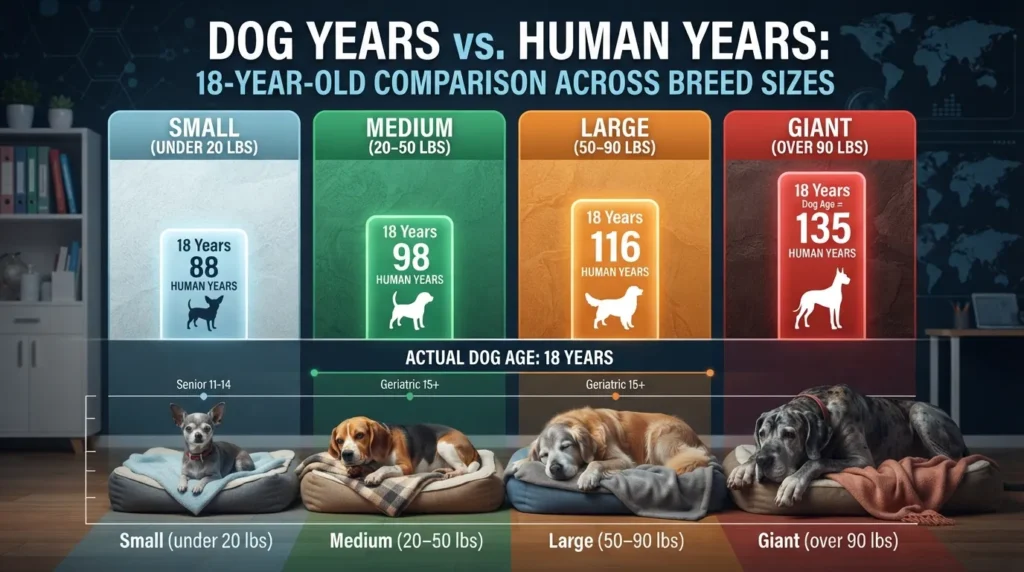 Comparison chart showing how 18 dog years equates to human age across small, medium, large, and giant dog breeds.