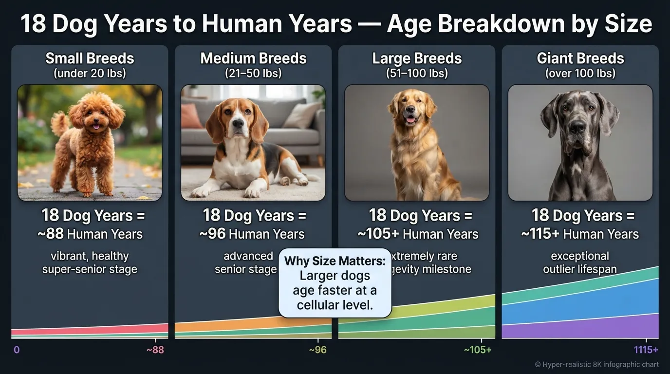 Comparison chart showing how 18 dog years equals 88 human years for small dogs, 96 for medium dogs, and over 100 for large and giant breeds.