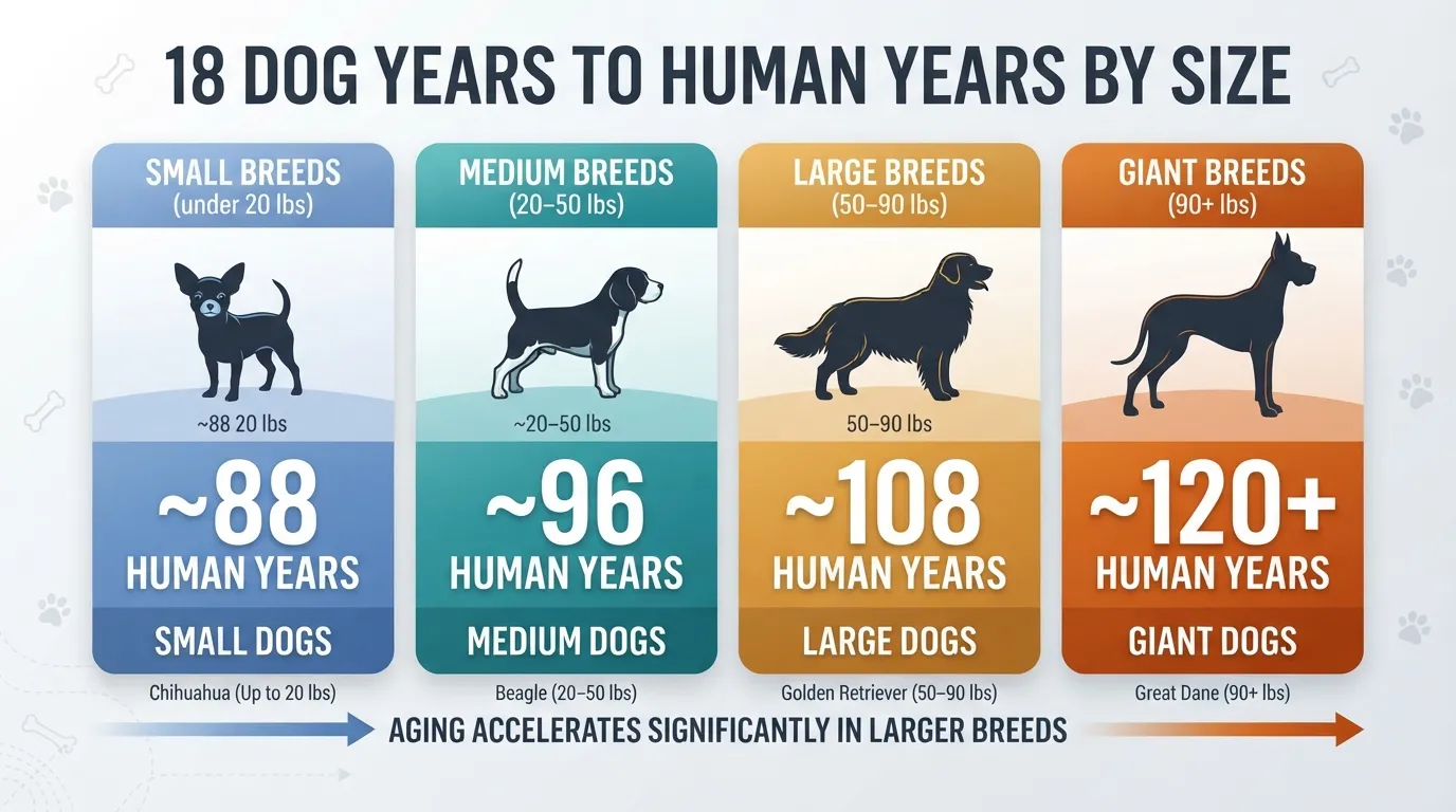 Comparison chart showing 18 dog years converted to human years across small, medium, large, and giant dog breeds