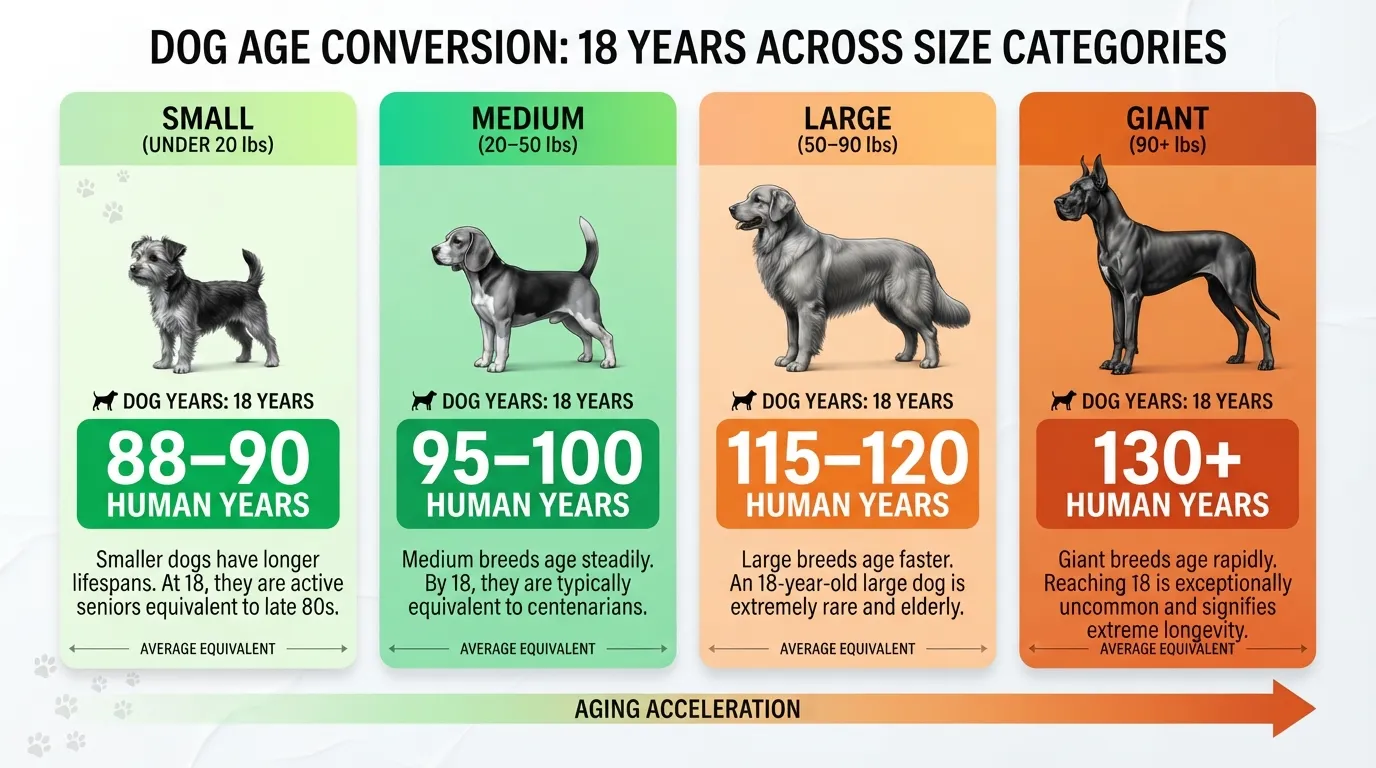 Comparison chart showing an 18-year-old small, medium, large, and giant dog converted into human years.