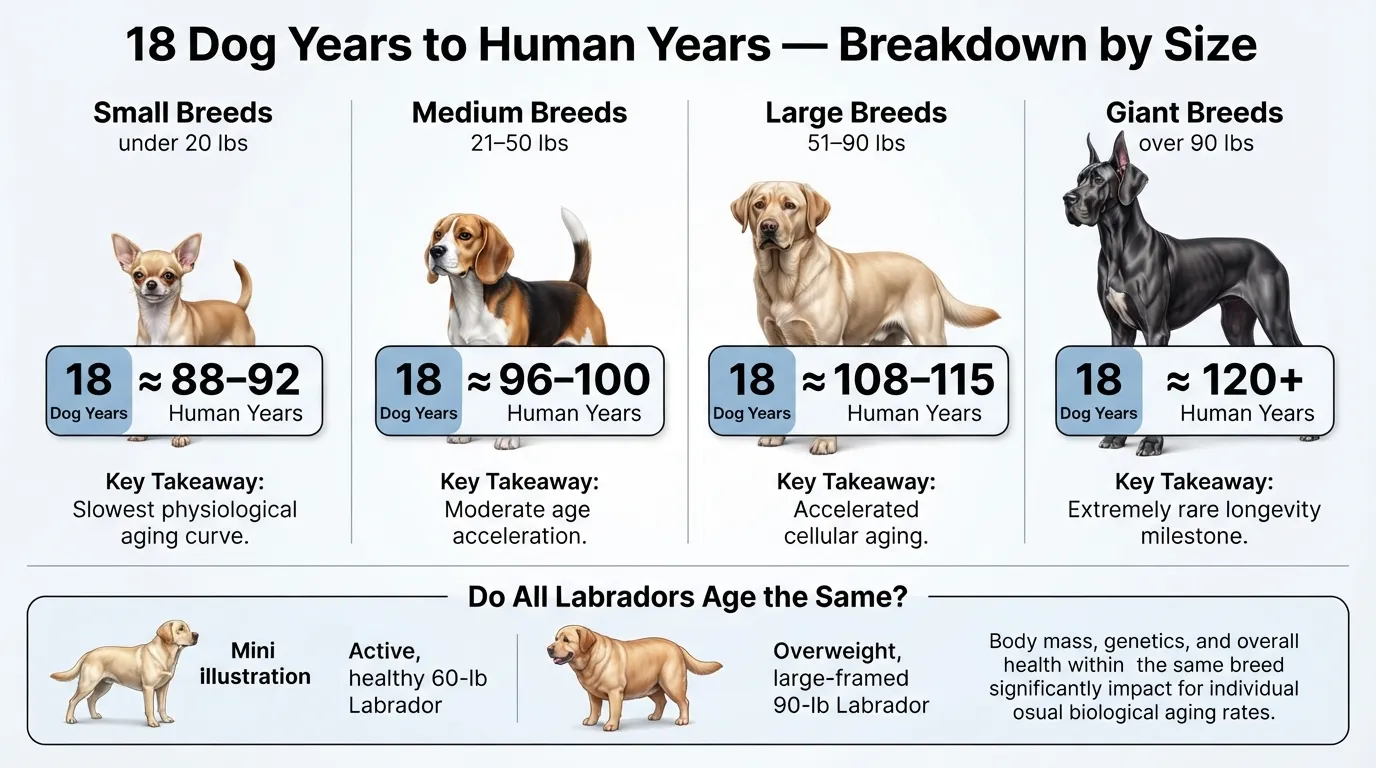 Comparison chart showing how 18 dog years convert to human years across small, medium, large, and giant dog breeds.
