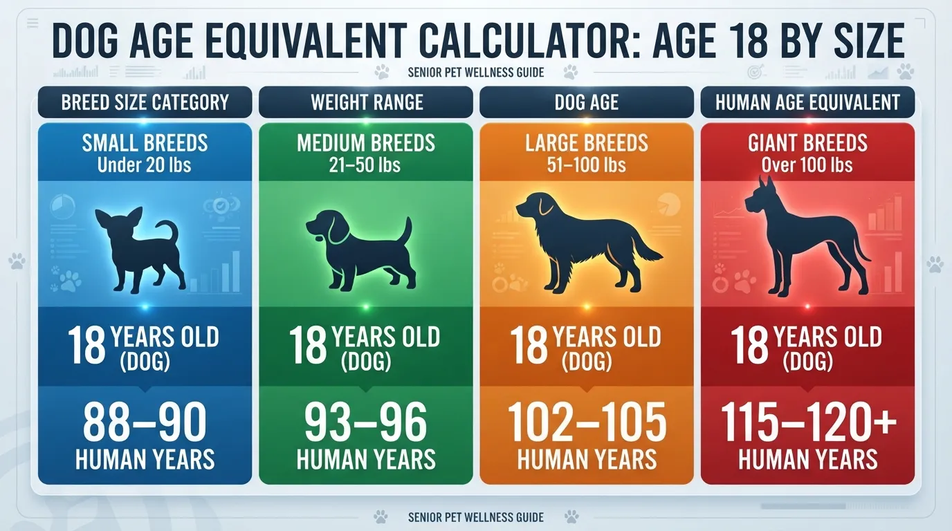 A comparative visual chart converting 18 dog years to human years across small, medium, large, and giant dog breeds.