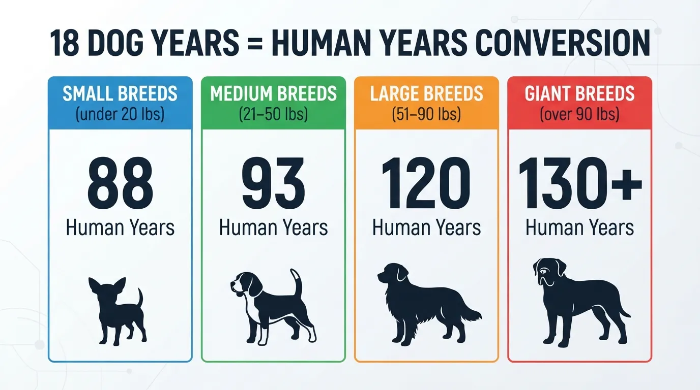 Comparison chart showing an 18-year-old dog in human years across small, medium, large, and giant dog breeds.