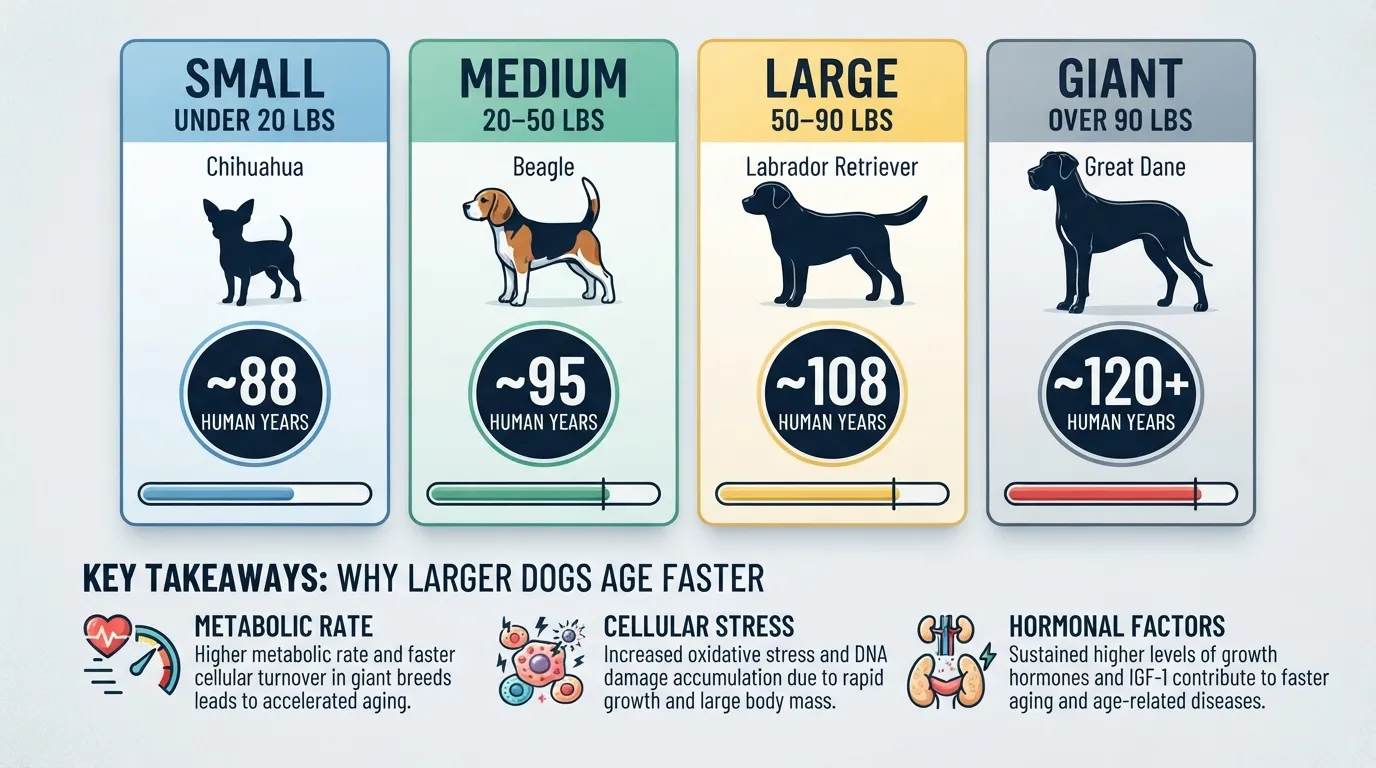 Infographic showing how 18 dog years convert to human years across small, medium, large, and giant dog breeds.