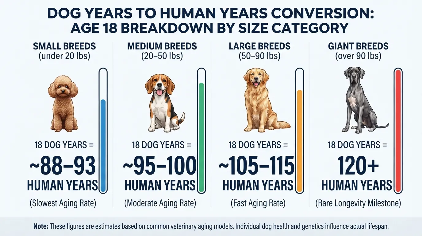 Comparison chart showing how 18 dog years convert to human years based on small, medium, large, and giant dog sizes.