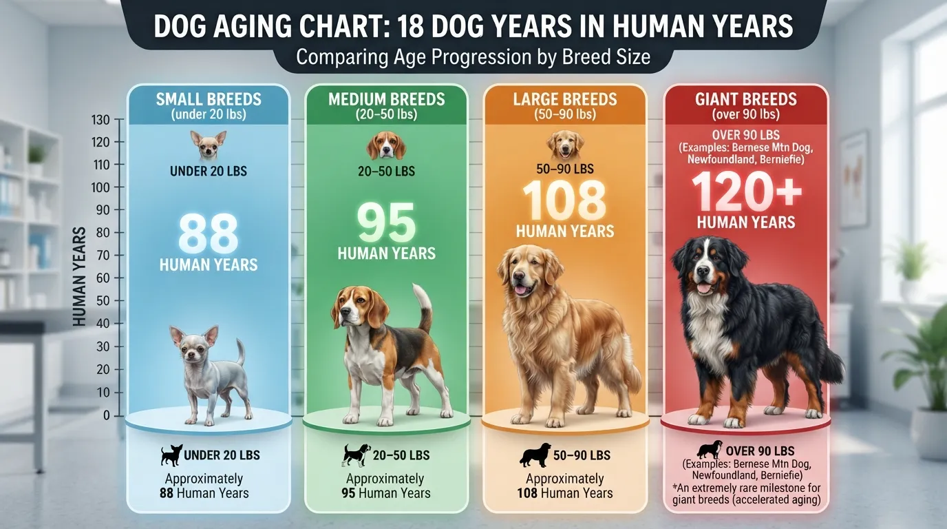 Infographic chart comparing 18 dog years to human years across small, medium, large, and giant dog breeds.