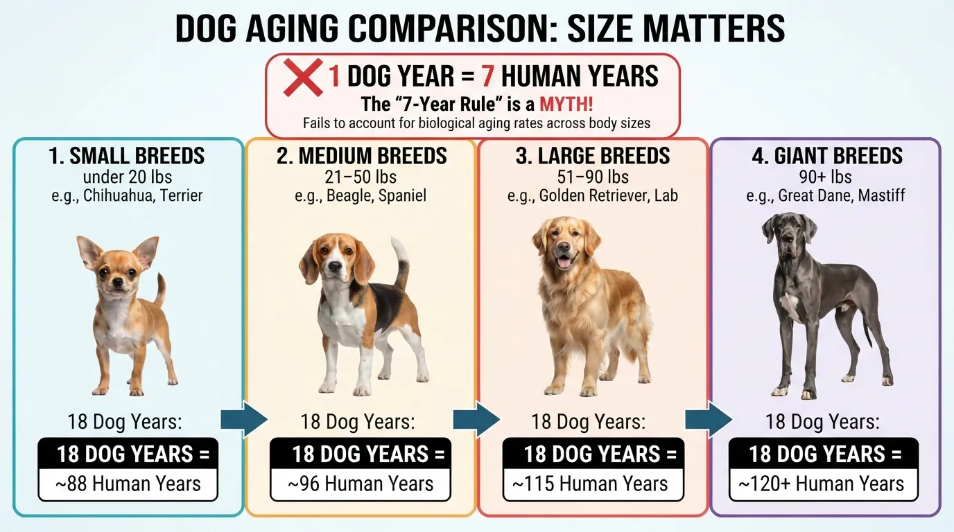 Comparison chart showing how 18 dog years equals different human ages depending on small, medium, large, and giant breed sizes.