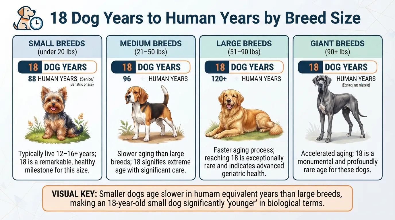 A chart comparing 18 dog years to human years across small, medium, large, and giant dog breed sizes, showing how dog aging accelerates by body size.