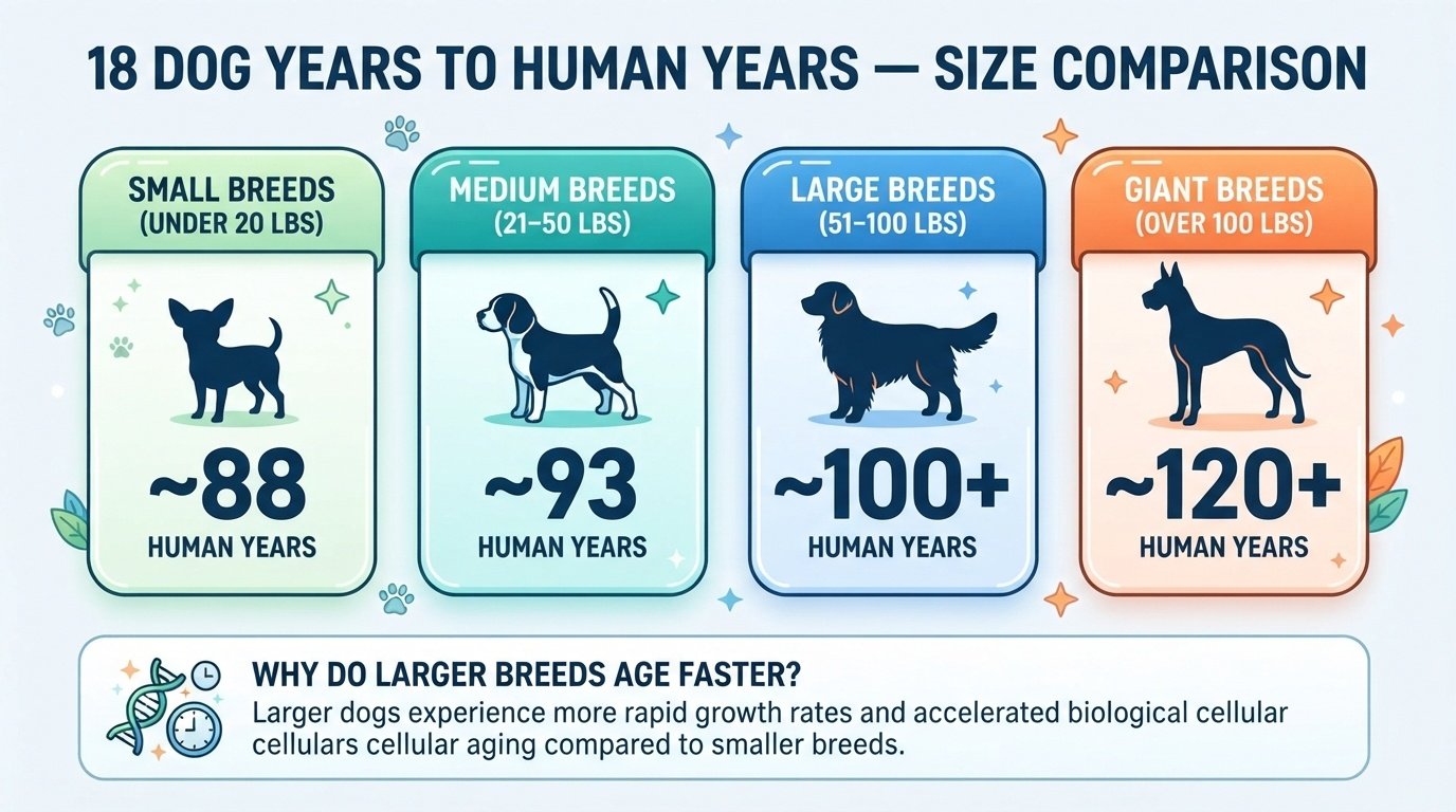 Comparison chart showing how 18 dog years convert to human years for small, medium, large, and giant dog breeds.