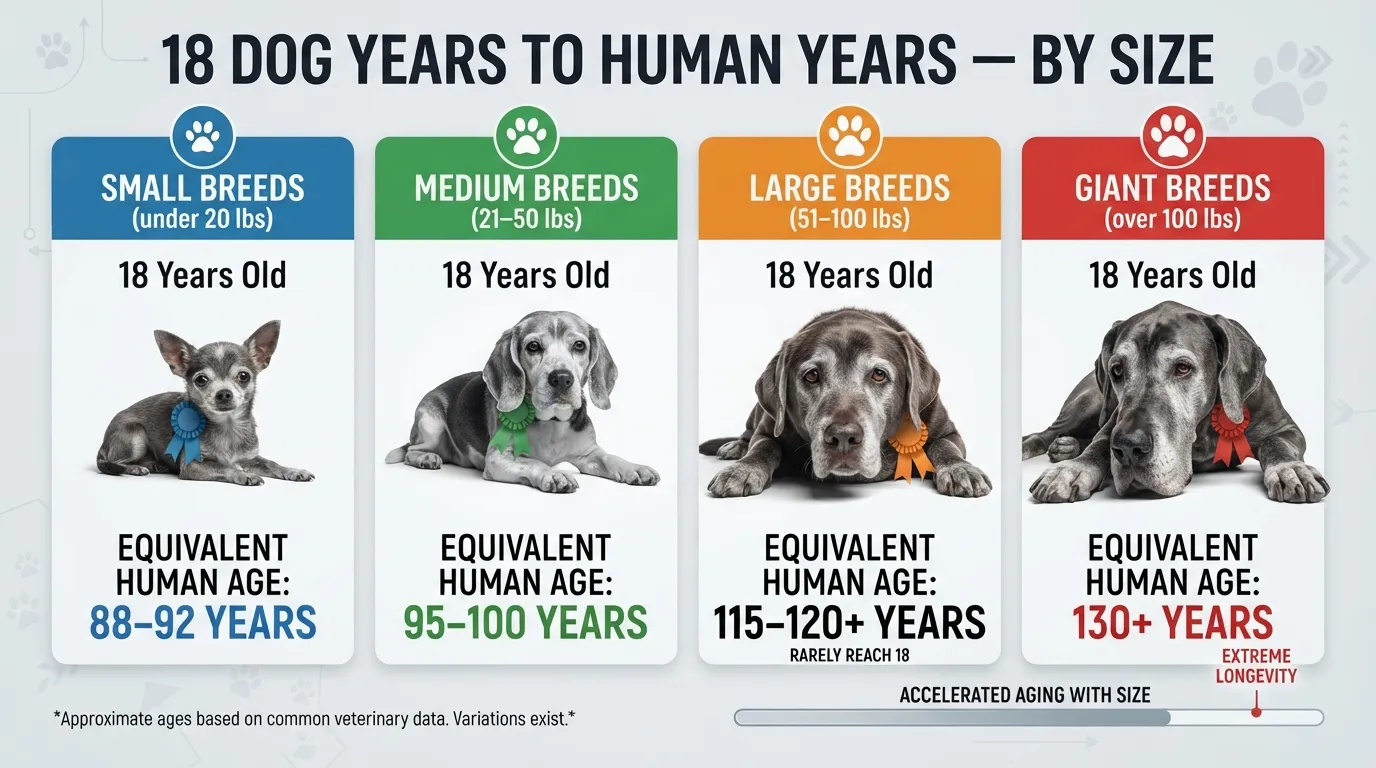 Comparison chart converting 18 dog years to human years across small, medium, large, and giant dog breeds.