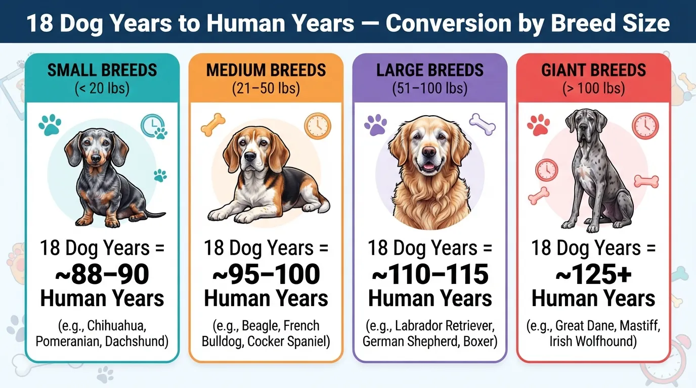 Comparison chart showing how an 18-year-old dog converts to human years across small, medium, large, and giant dog breeds.