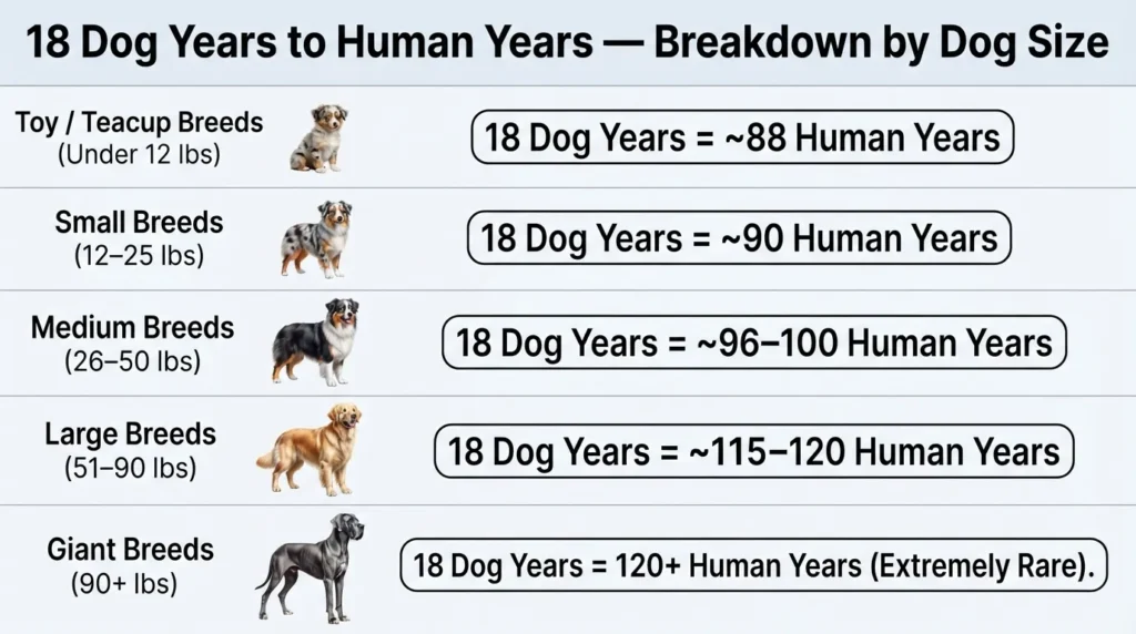 Dog years to human years conversion chart comparing toy, small, medium, large, and giant dog breeds at 18 dog years to their equivalent human ages.