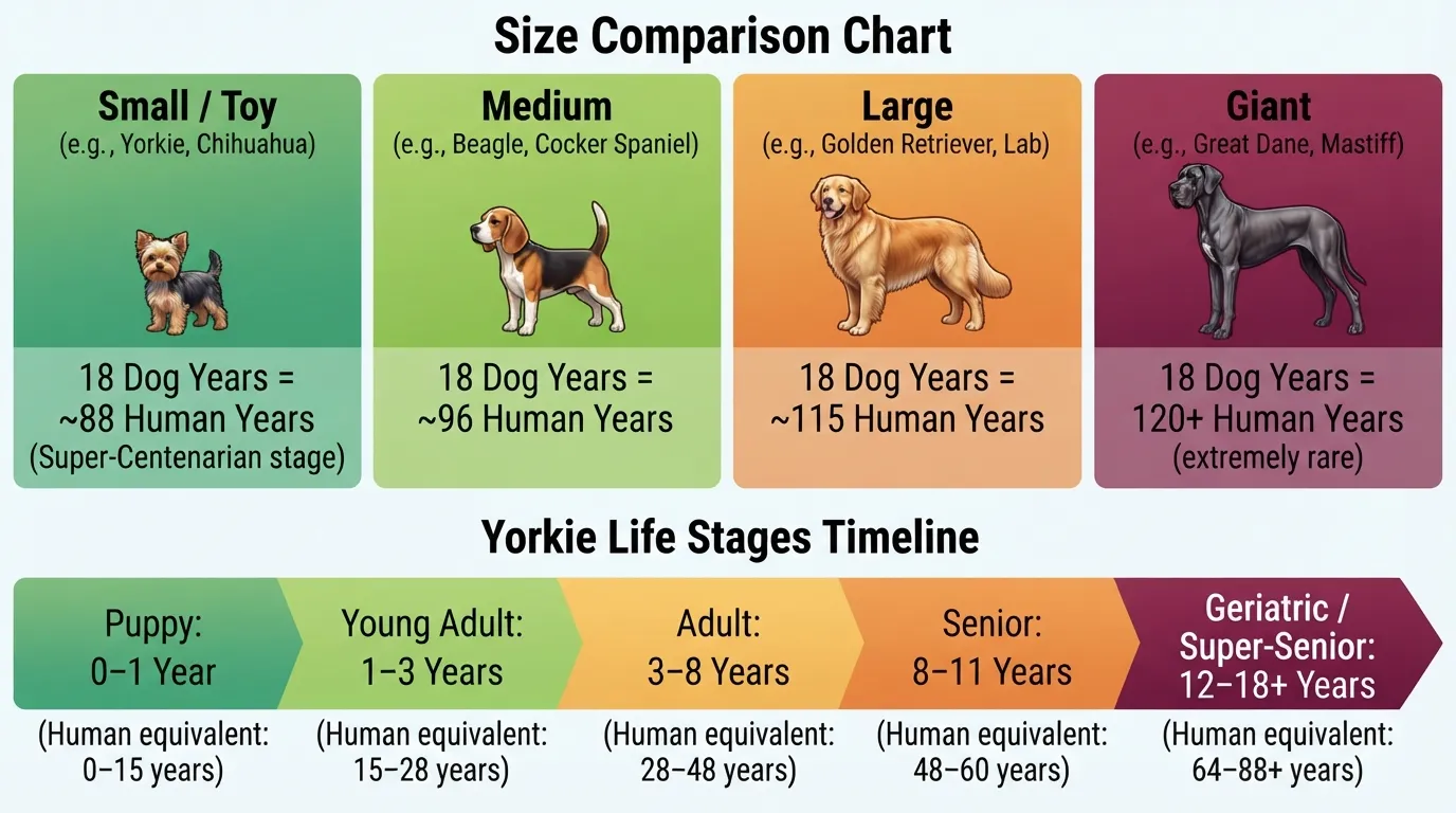 Dog age conversion chart showing 18 dog years in human years compared across small, medium, large, and giant breeds, alongside a Yorkie life stage timeline.