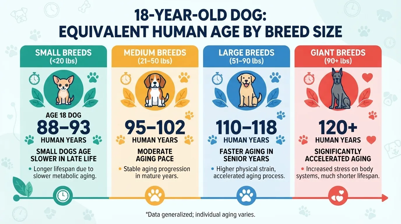 Comparison chart showing how 18 dog years translates to human years across small, medium, large, and giant dog breeds.