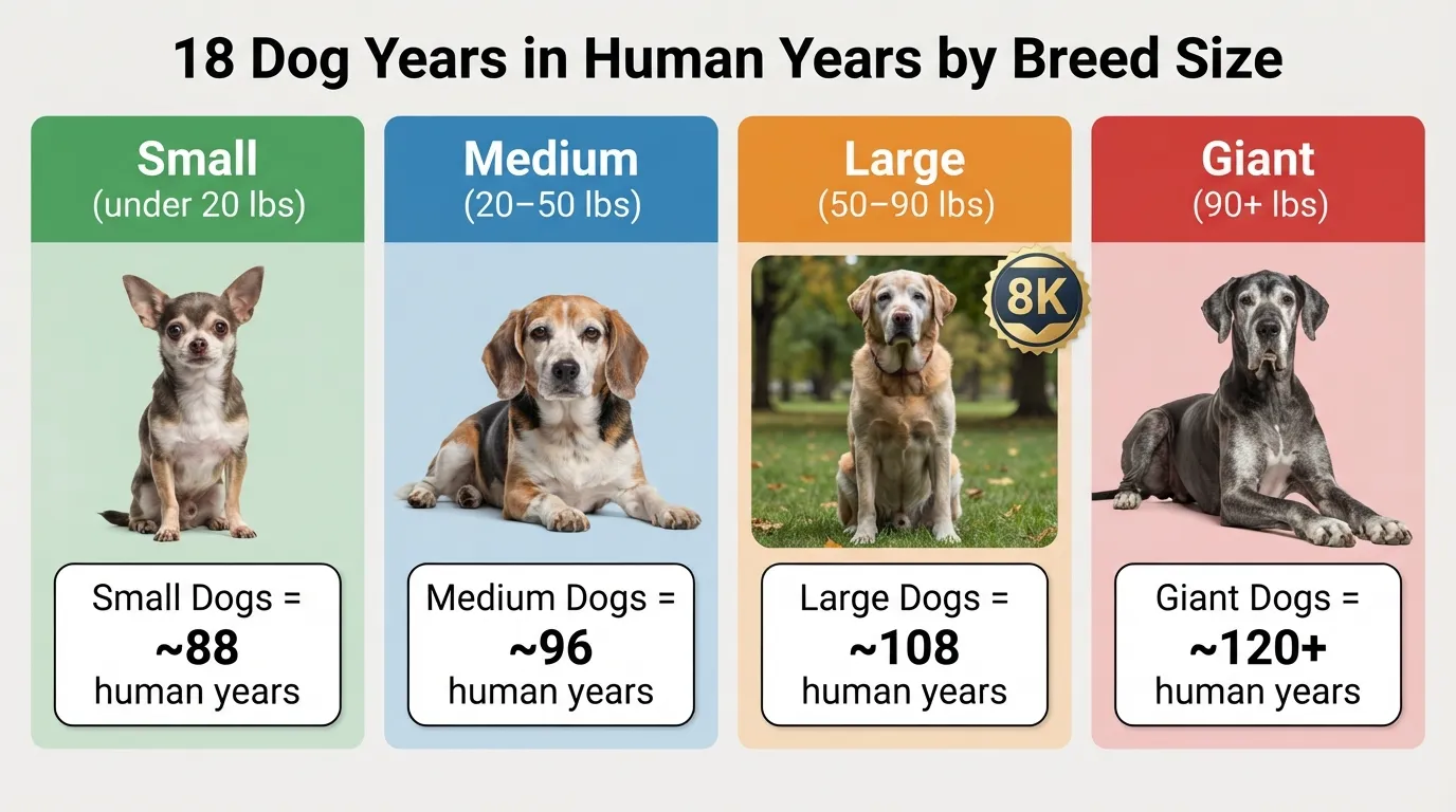 Comparison chart showing how 18 dog years equals 88 human years for small dogs, 96 for medium dogs, and over 100 for large and giant breeds.
