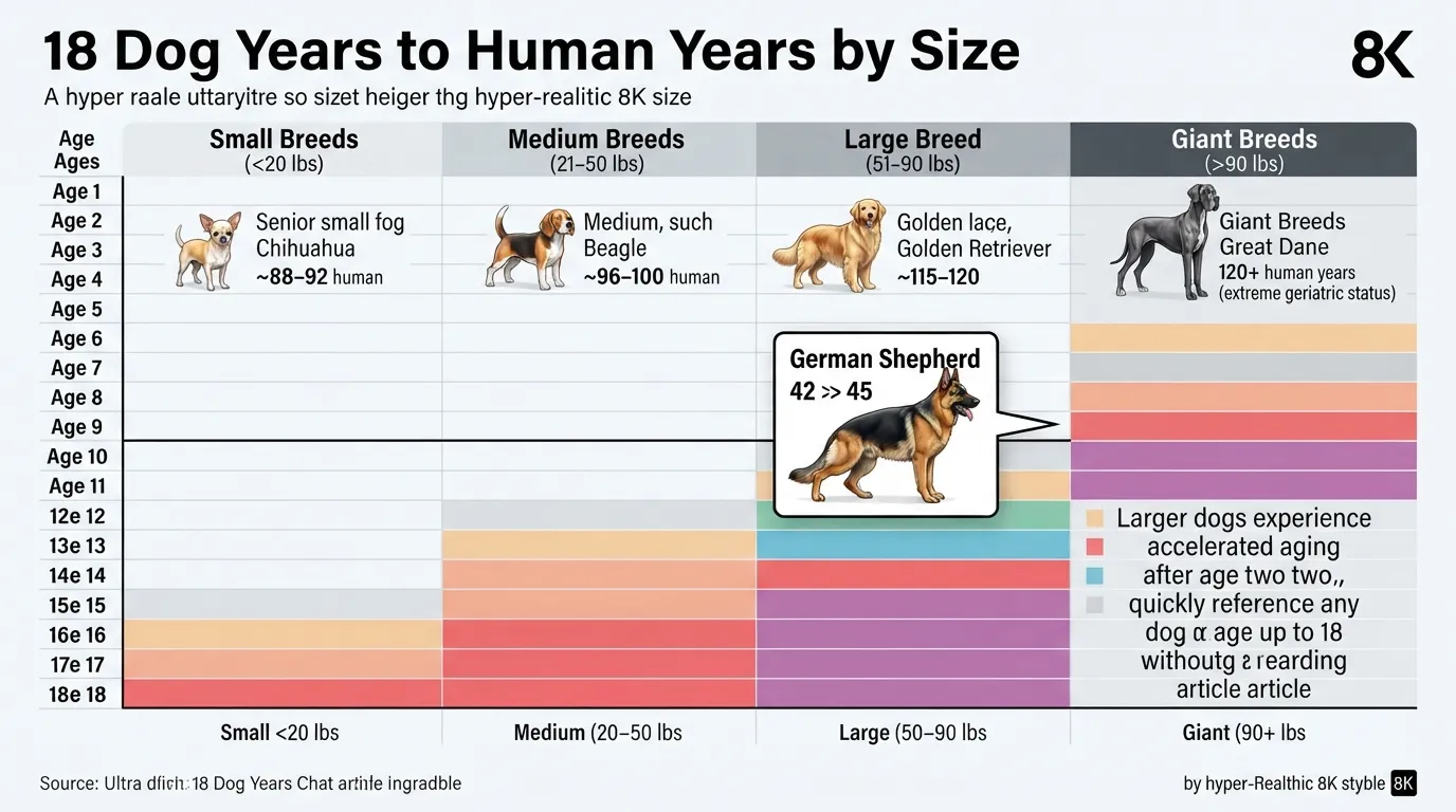Comparison chart showing an 18-dog-years to human-years scale by breed size, highlighting a 6-year-old German Shepherd equal to 42-45 human years.