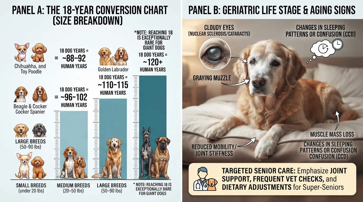 Comprehensive infographic chart comparing 18 dog years to human years categorized by small, medium, large, and giant breeds, alongside physical health and aging signs for senior dogs.