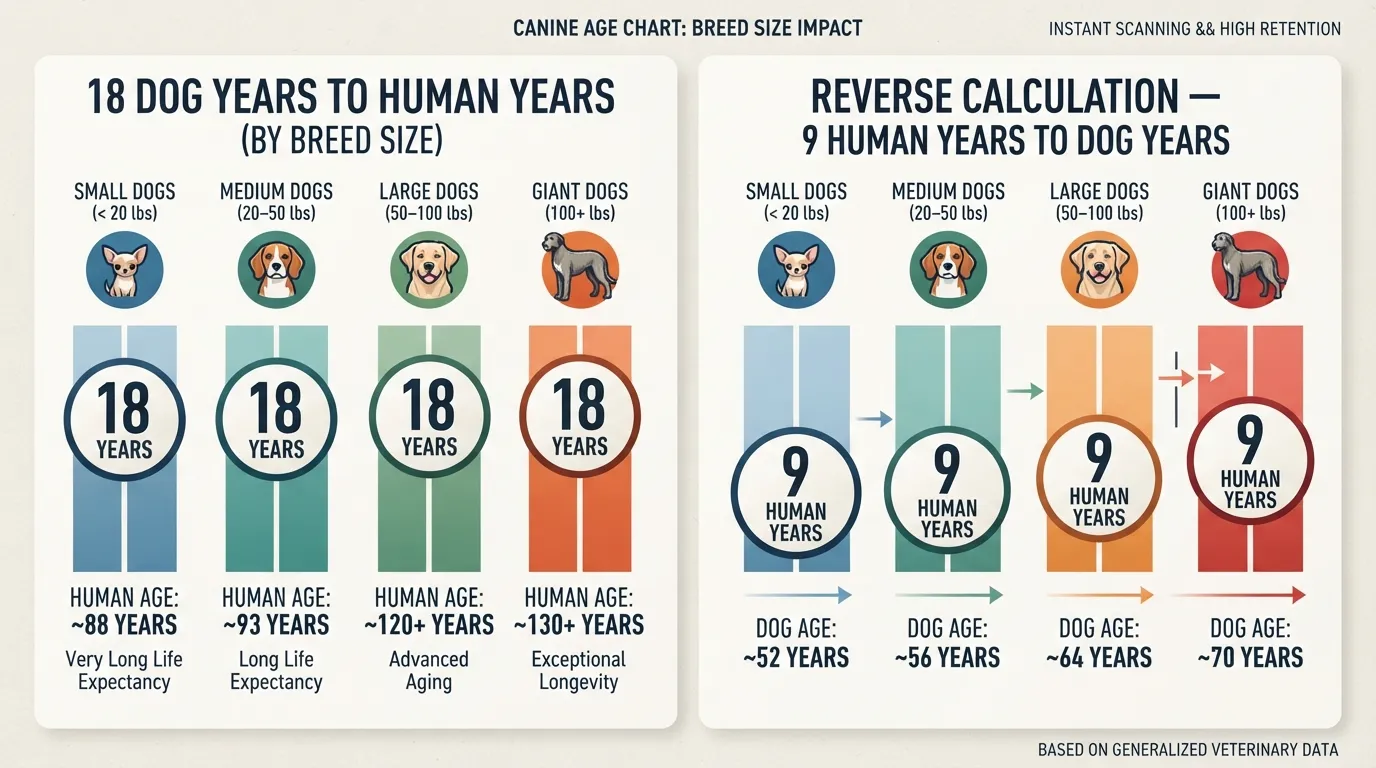 Comparison chart showing 18 dog years converted to human years across small, medium, large, and giant dog breeds, with a reverse calculation table for 9 human years to dog years.