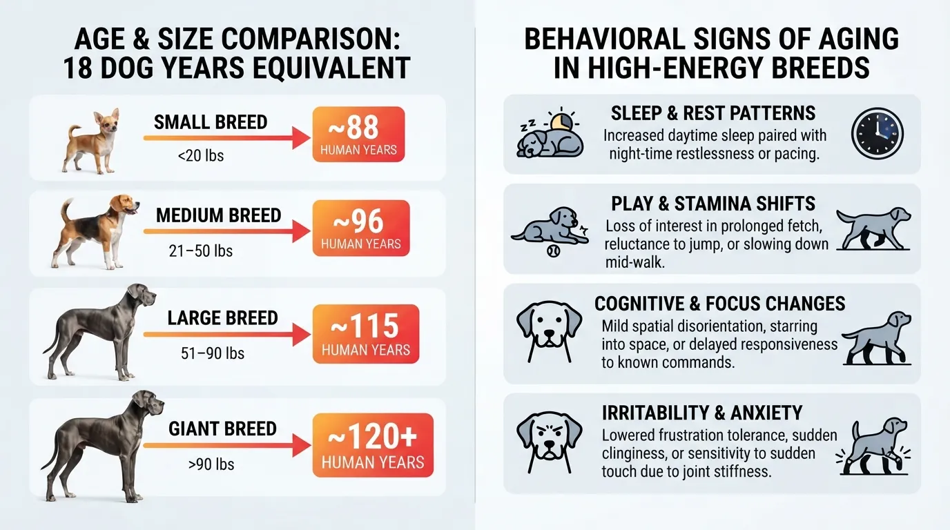 Infographic showing an 18-year-old dog converted to human years across small, medium, large, and giant breed sizes, alongside key behavioral signs of aging in high-energy dogs.
