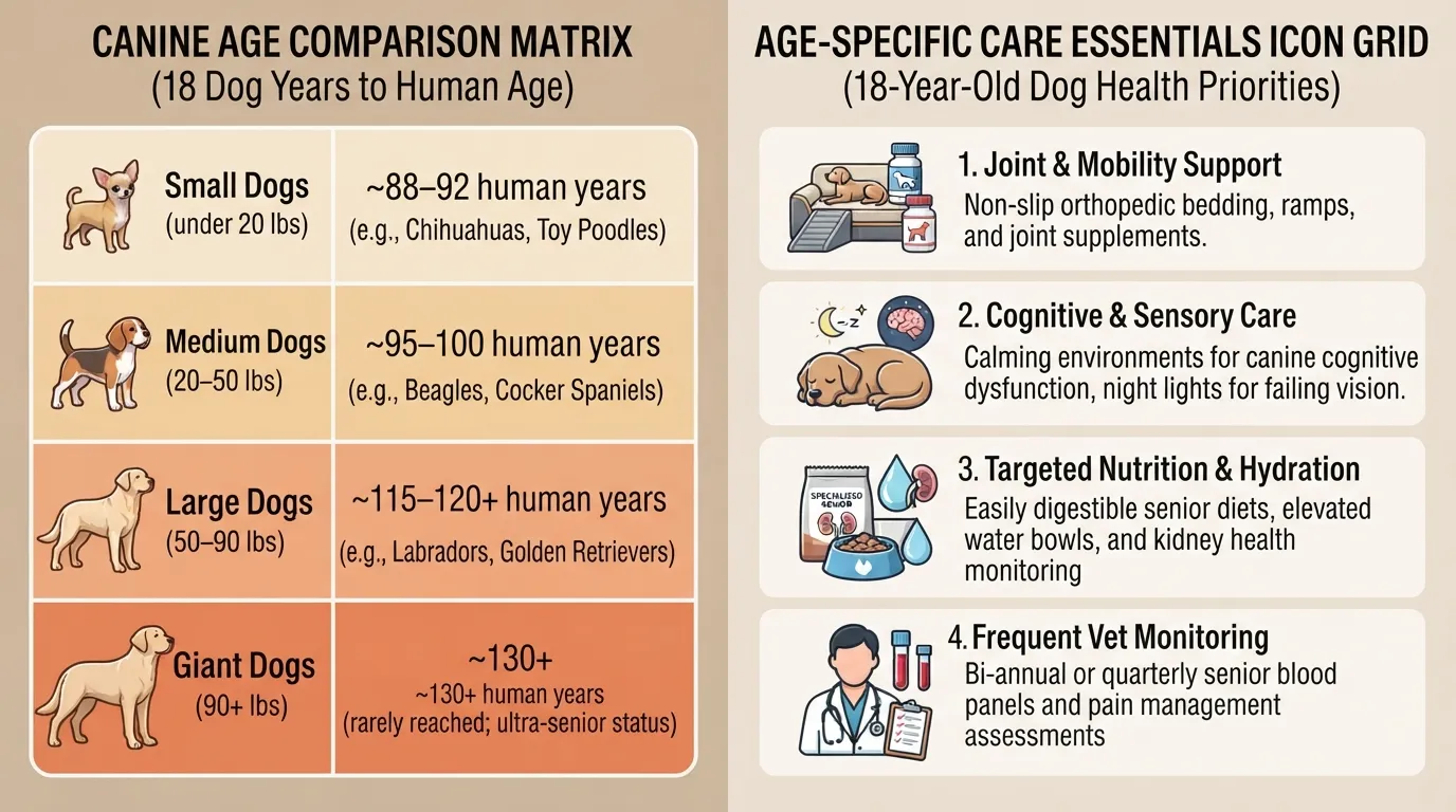 Infographic chart comparing 18 dog years to human years for small, medium, large, and giant dog breeds alongside age-specific senior care essentials.