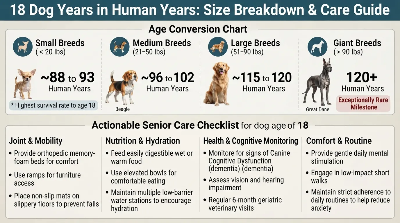 Infographic chart comparing 18 dog years to human years for small, medium, large, and giant dog breeds alongside key senior care guidelines.