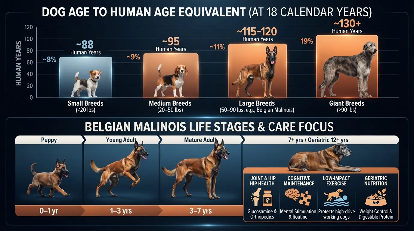 Infographic chart converting 18 dog years to human years across small, medium, large, and giant dog sizes, highlighting senior life stage milestones and care needs for Belgian Malinois.