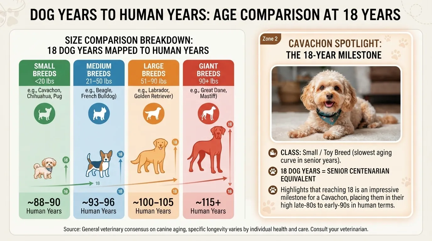 Comparison chart showing how 18 dog years translate to human years based on dog size, highlighting Cavachon age equivalence.