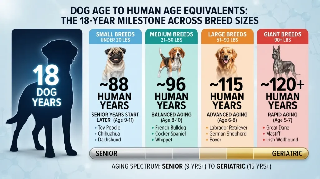 Comprehensive comparison chart showing 18 dog years converted to human years across small, medium, large, and giant dog breeds.